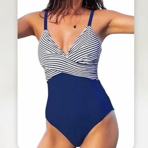 Blue and White One Piece Swimsuit with Striking Two-Tone‎ Design